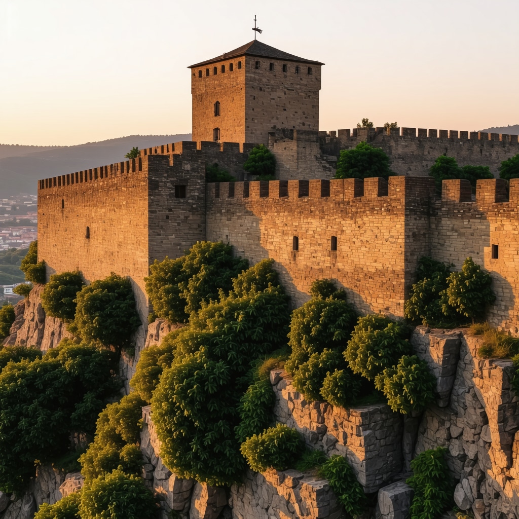 Veliko Tarnovo fortress with sunset view and scenic landscape