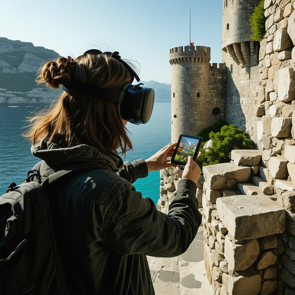 Tourist using virtual reality headset to explore medieval castles in Rhodes with augmented reality information overlays