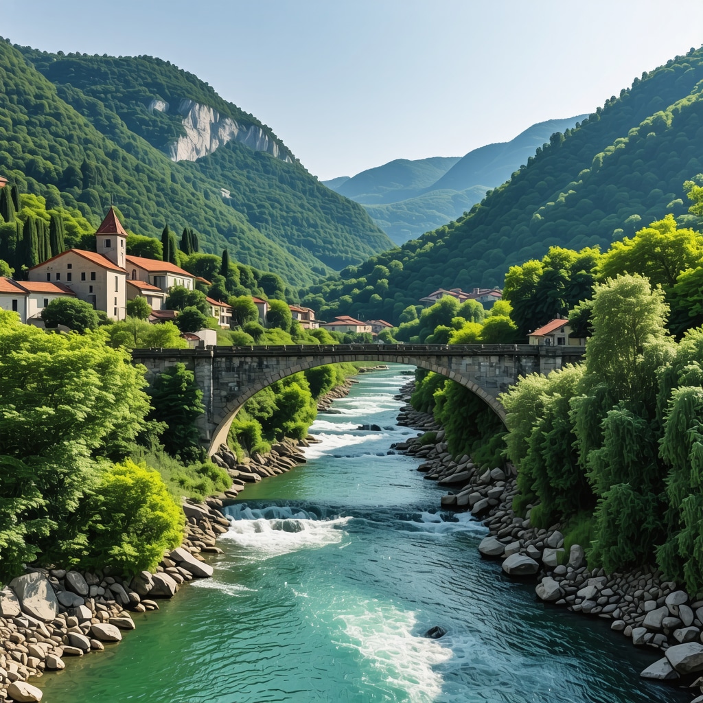 Panoramic view of Višegrad showing the historic Drina Bridge and augmented reality elements blending technology with natural scenery
