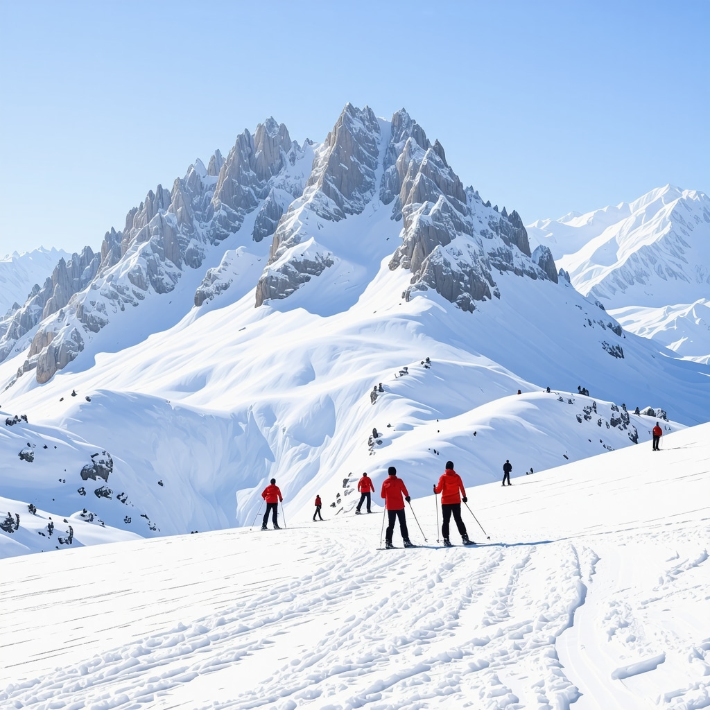 Snow-covered mountains and skiers in Durmitor National Park, Montenegro