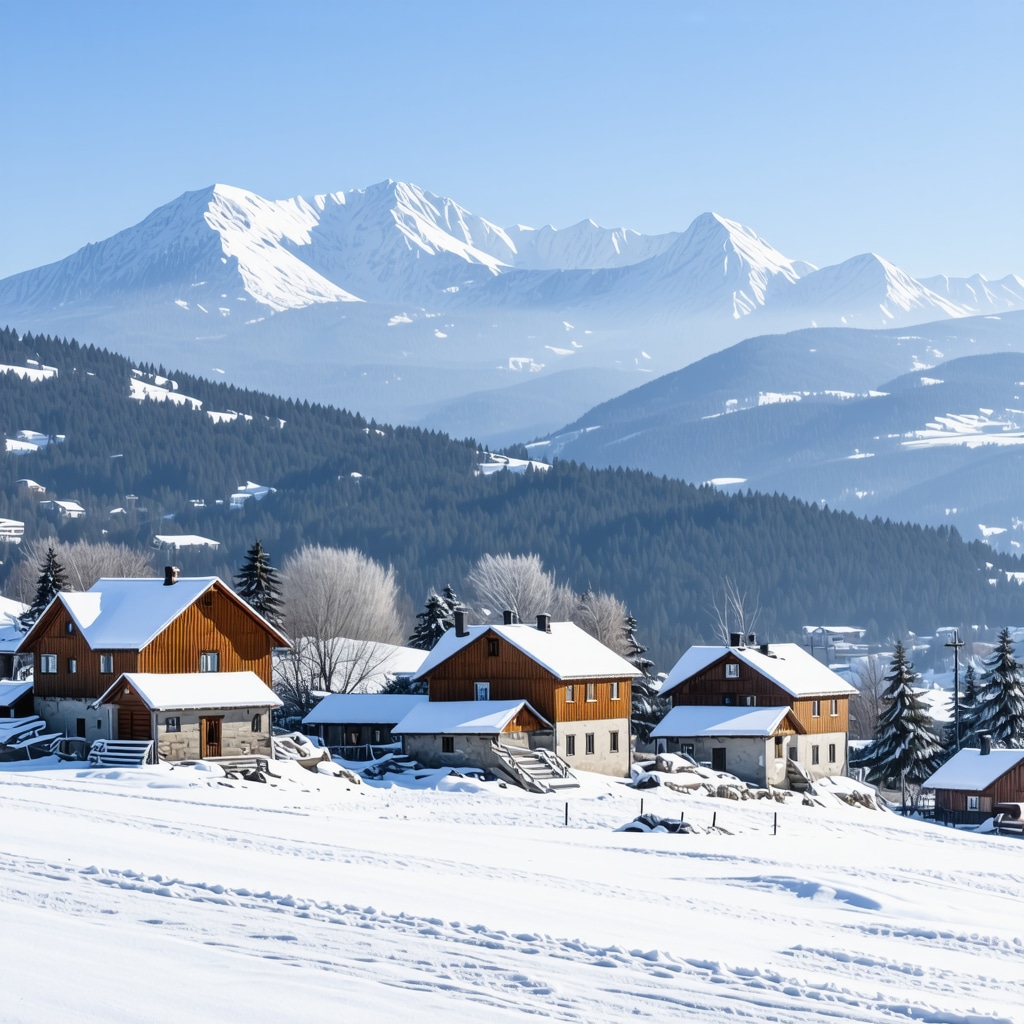 Snow-covered mountains and traditional village houses in Sjenica during winter