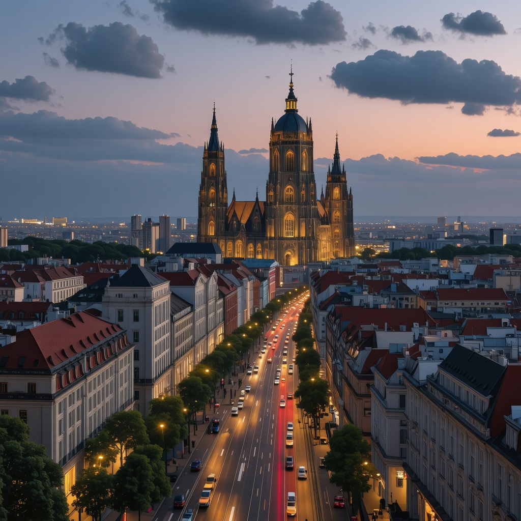 Cityscape of Zagreb blending historic and modern architecture with digital innovations at sunset.