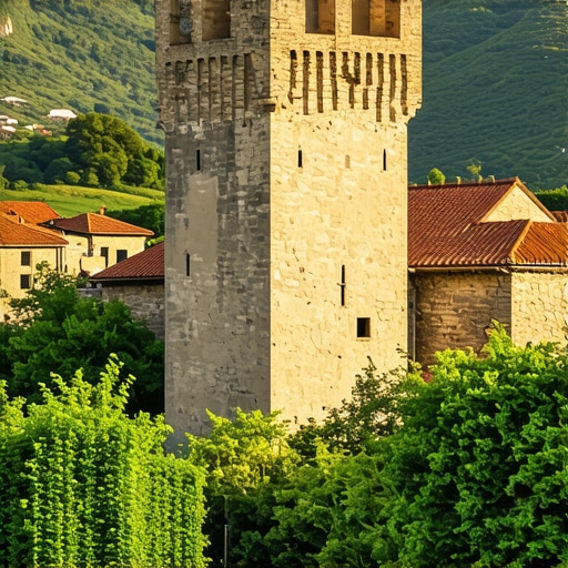 Panoramic view of medieval castles and green hills in Northern Albania