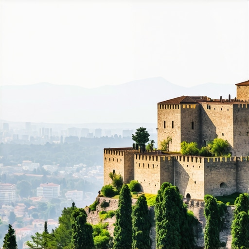 An ancient fortress overlooking a modern city skyline