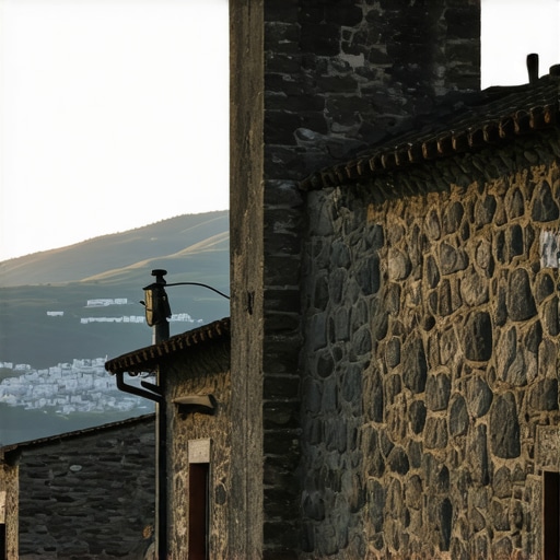 Traditional stone houses and fortress in Gjirokastër at sunset