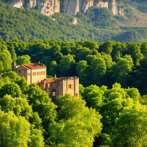 Scenic Balkan mountains with forests and ruins highlighting natural beauty and cultural heritage.