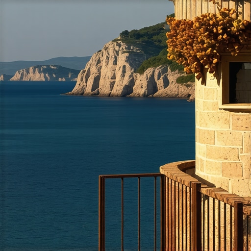 Scenic view of Balkan coast with historical sites and beaches.