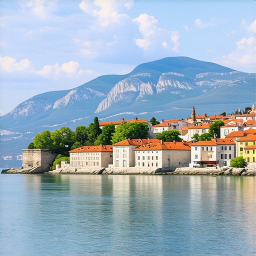 Scenic view of Balkan coastline with mountains and historical sites