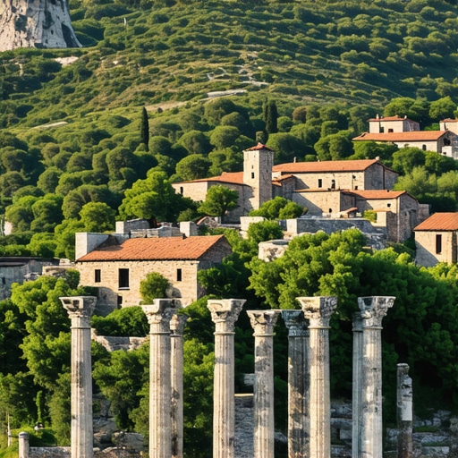 Panoramic view of ancient Balkan ruins amidst natural scenery.