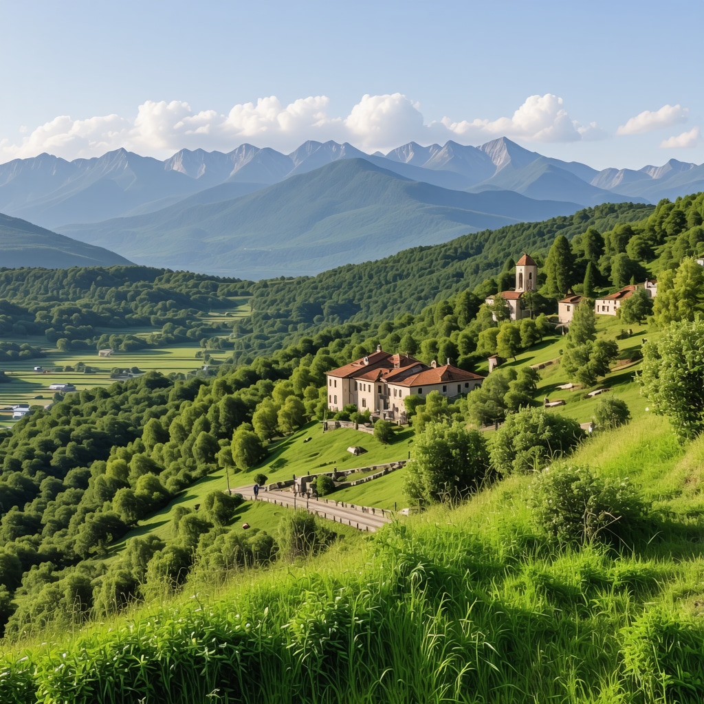 Scenic view of Balkan mountains with traditional villages and lush landscapes