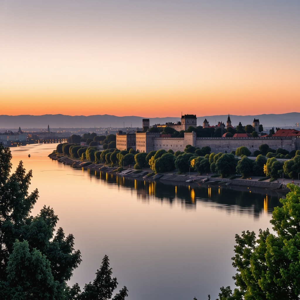 Cityscape of Belgrade featuring Kalemegdan Fortress and Danube river at sunset