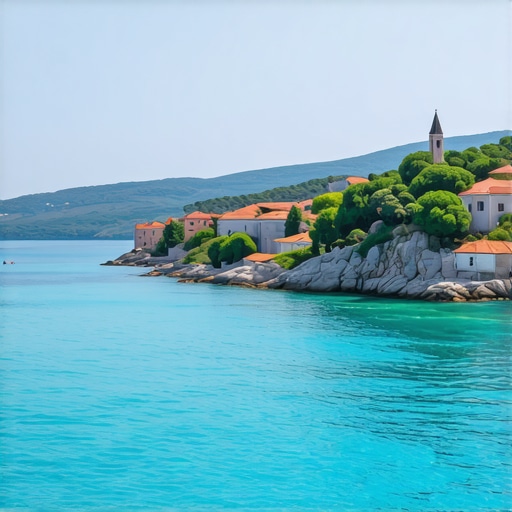 Croatian coastline with clear waters and historic town