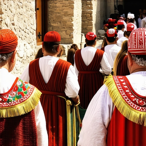 Community members involved in cultural preservation activities in a historic Albanian town.