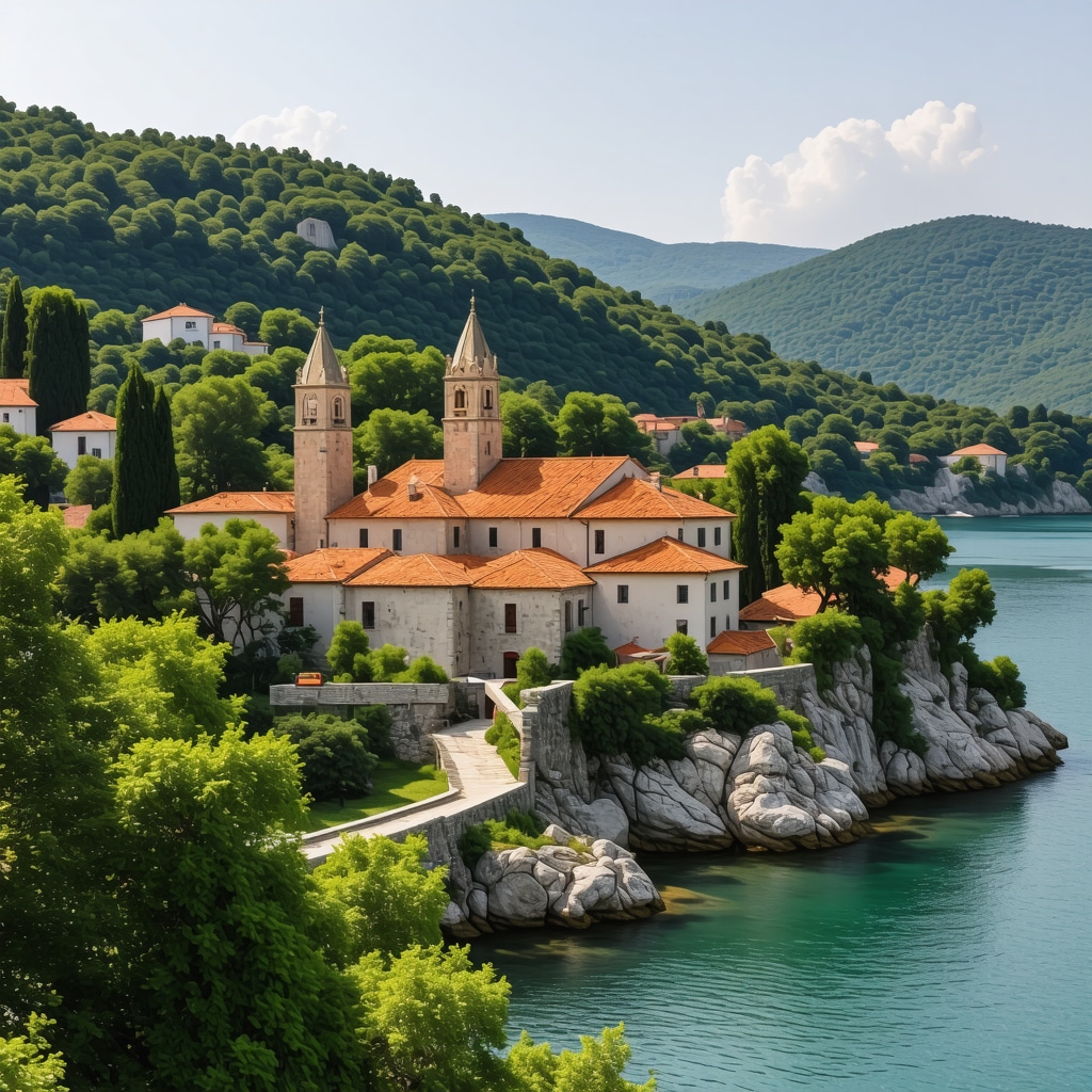 Beautiful Croatian landscape with historic city and lush nature