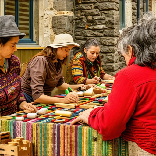 Tourists engaging in traditional craft workshops amidst lush natural scenery in Gabrovo.