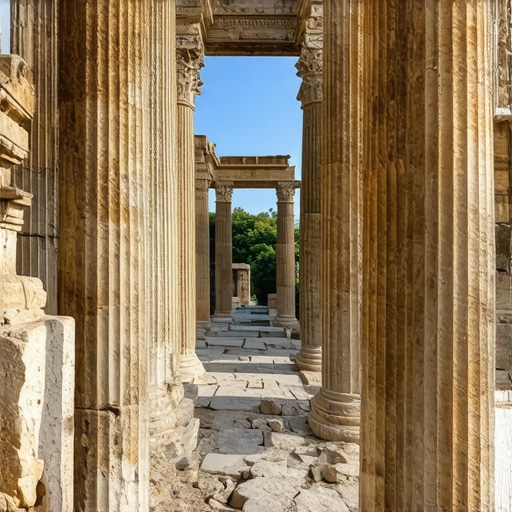 A modern augmented reality interface displaying reconstructed Balkan ruins