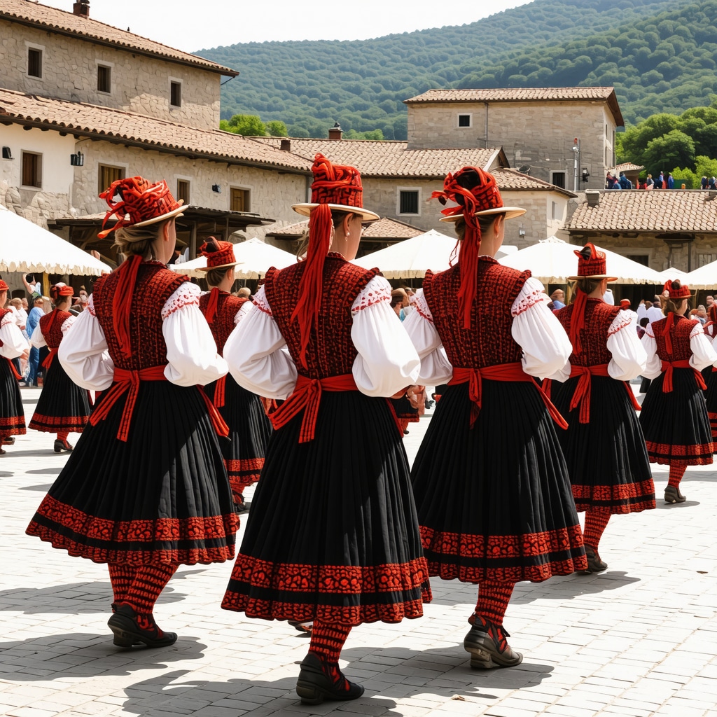 Një festival kulturor në një qytet historik të Ballkanit me vallëzime tradicionale dhe kostume