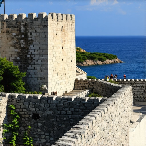 Scenic view of Himara's historic fortress overlooking the Mediterranean Sea with lush landscape