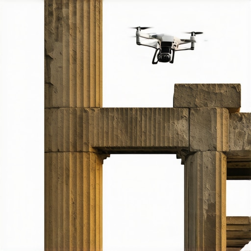 A drone inspecting a historic monument with digital overlays and geospatial tools