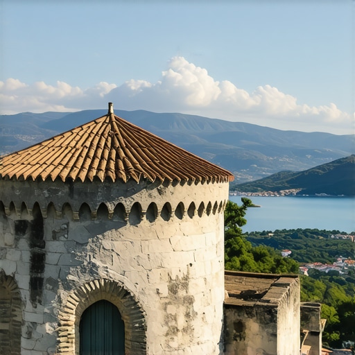 Fotografi e një kështjelle të lashtë kroate me peizazh natyror dhe det të qetë
