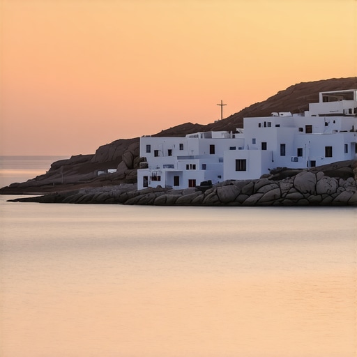 Dielli duke perënduar mbi ishullin e Mikonos me shtëpi tradicionale dhe det të kristaltë