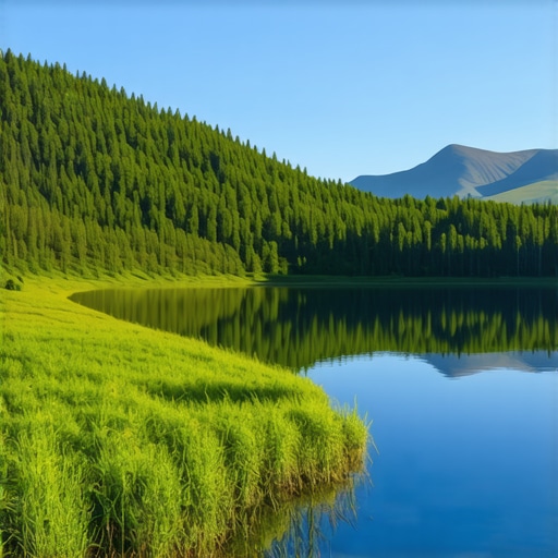 Panoramic landscape of Macedonian mountains, lakes, and forests in spring.