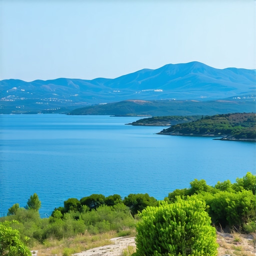 Peisazh i bukur i Kroacisë me male dhe det, i ndriçuar nga dielli