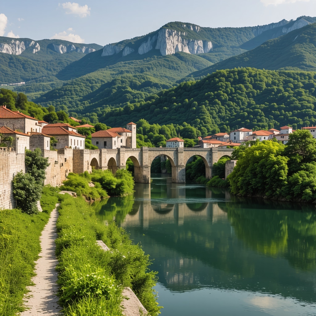 Pamje e peisazhit të bukur të Mostarit me urën e vjetër dhe malin e gjelbër