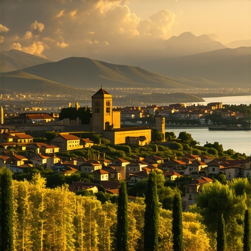 Pamje panoramike e Malit të Zi me qytete të lashta dhe male në perëndim dielli