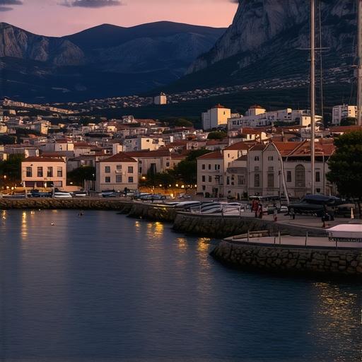 Peisazh i bukur i Budvës me port dhe qytet historik gjatë perëndimit të diellit