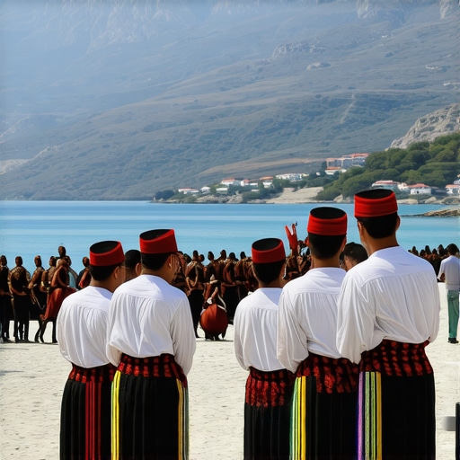 Pamje e plazhit shqiptar dhe festës tradicionale me muzikë dhe valle