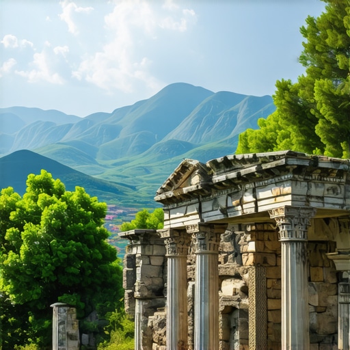 Panoramic view of Balkan mountains with historical sites and lush nature