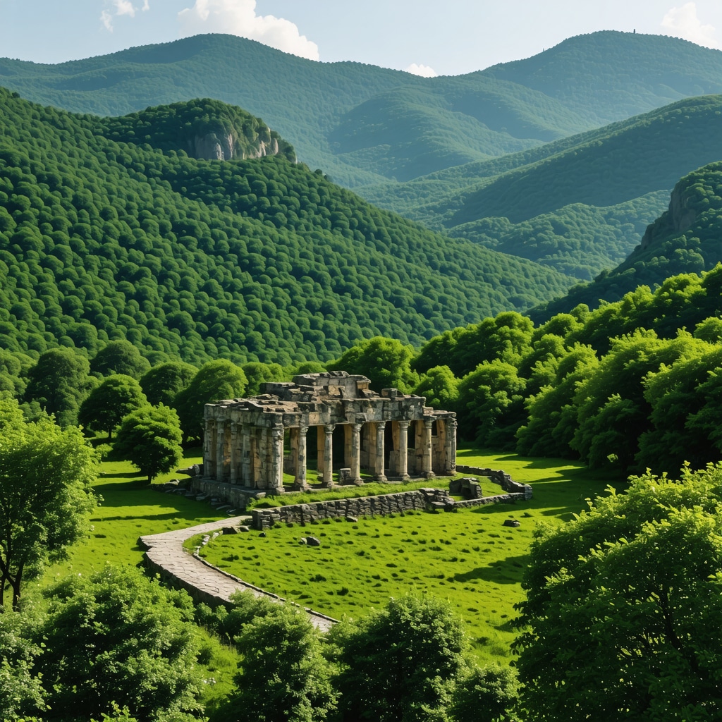 Landscape of lush green mountains and historical ruins in the Balkans
