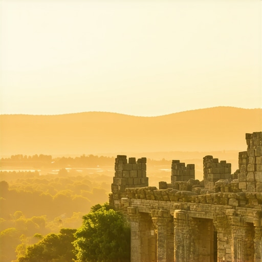 Panoramic view of ancient ruins and lush landscapes at sunset in Varna