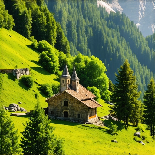 Landscape of Rila Mountains with monastery and lush greenery
