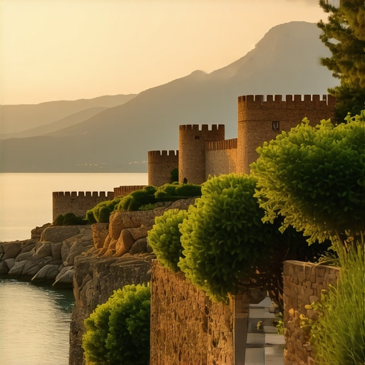 Pamje e Nafplio me kështjella historike dhe det të qetë në perëndim të diellit
