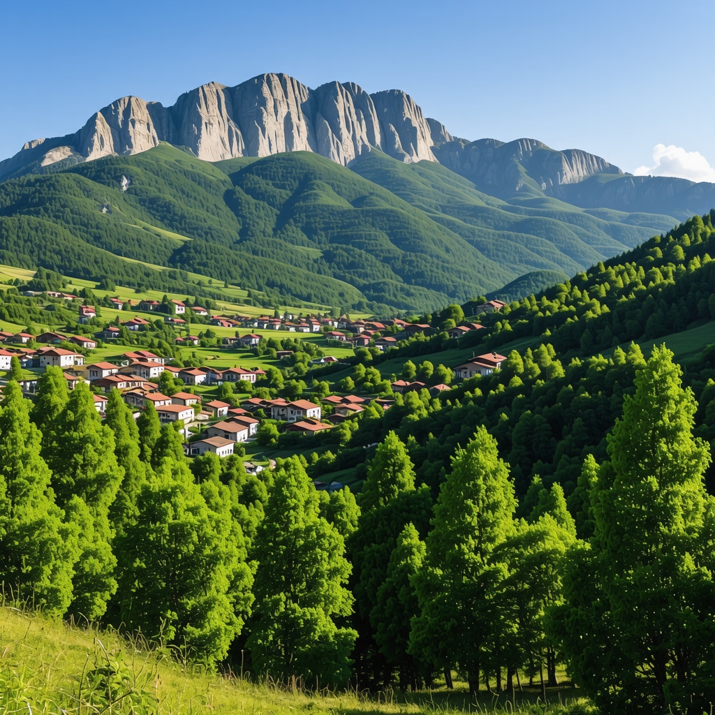 Një peizazh i bukur i maleve shqiptare me fusha të gjelbra dhe fshatra tradicionale