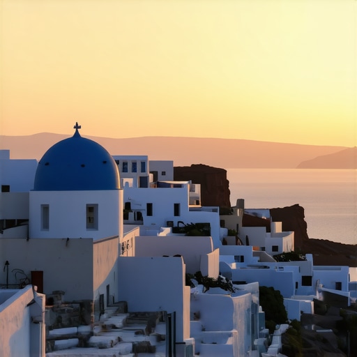 Shikim i perëndimit të diellit mbi Santorin me shtëpi të bardha dhe çati blu, peizazh mesdhetar