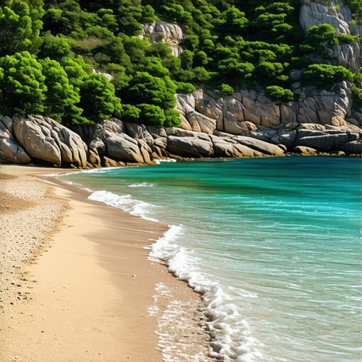 Albanian beach with turquoise waters and green hills in the background