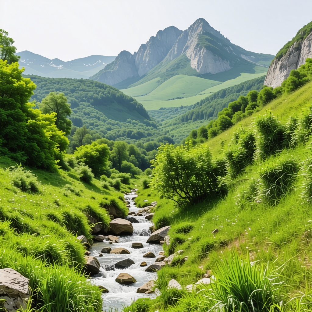 A serene mountain landscape in the Balkans with flowing streams and lush greenery.