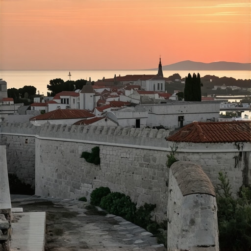 Qyteti i Dubrovnikut me mure të lashta dhe diellin që perëndon