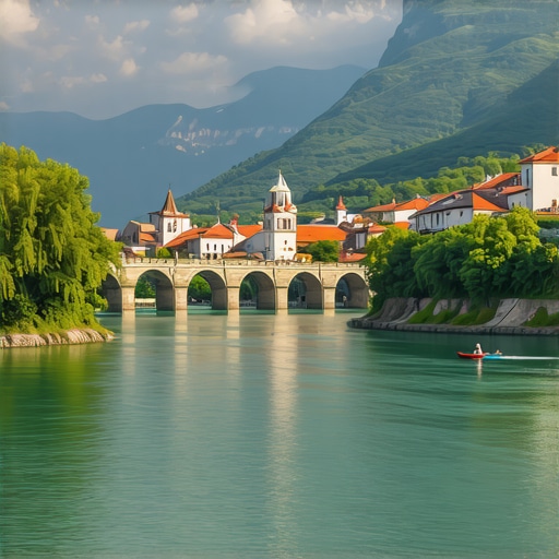 Beautiful landscape of Konjic showing historic Ottoman architecture and pristine natural surroundings.