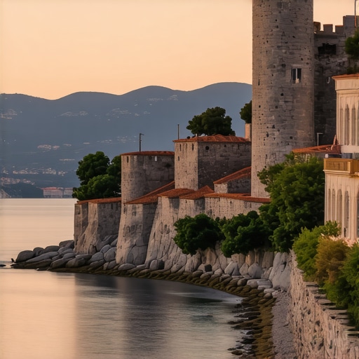 Scenic sunset view of Budva's historic fortresses and lush landscape