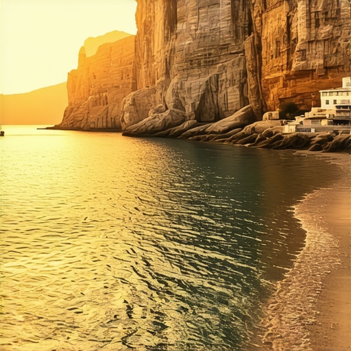 Scenic sunset view over Santorini with vibrant colors and calm sea