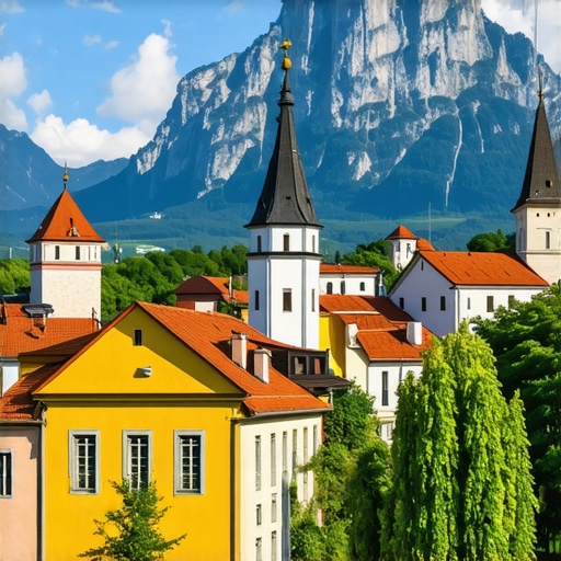 A picturesque view of Slovenian cultural and natural landmarks with mountains and historical architecture