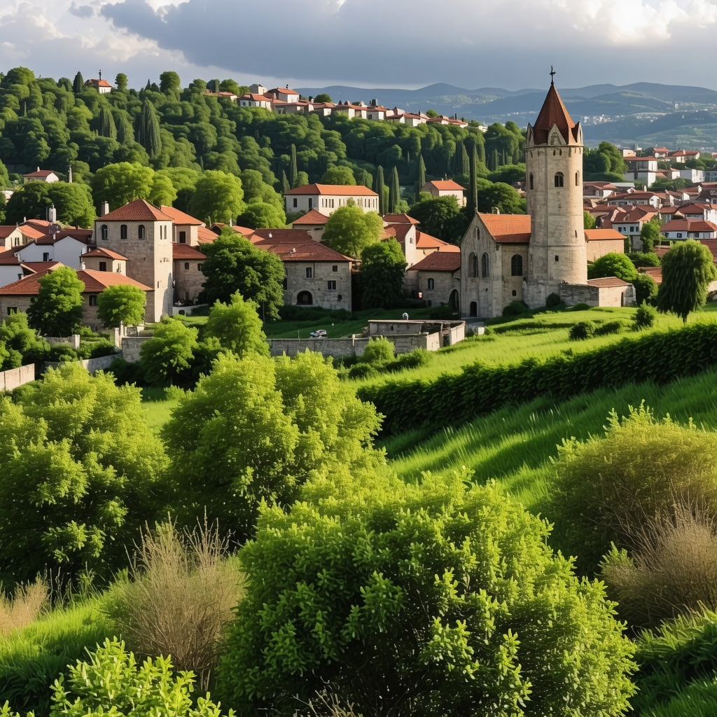 Peisazh i bukur i një qyteti të lashtë në Ballkan me arkitekturë historike dhe peisazhe të gjelbra