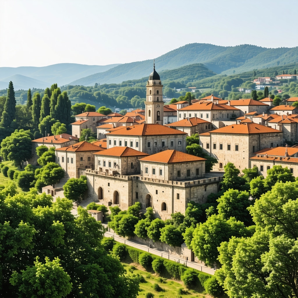 Panoramic view of a historic Balkan city with ancient buildings and natural landscape
