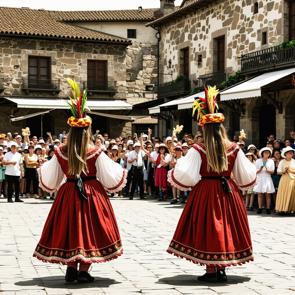 Festë kulturore në shesh historik me kostume tradicionale dhe arkitekturë të lashtë.
