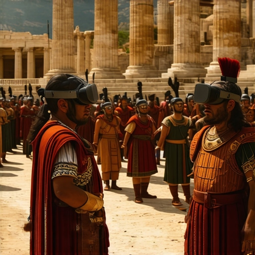 A scene showing people experiencing an ancient Greek festival through virtual reality technology, with ruins and traditional costumes.