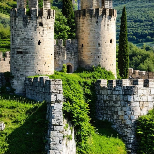 A scenic view of ancient castles surrounded by lush green landscapes in southern Albania, illustrating harmony between history and nature.